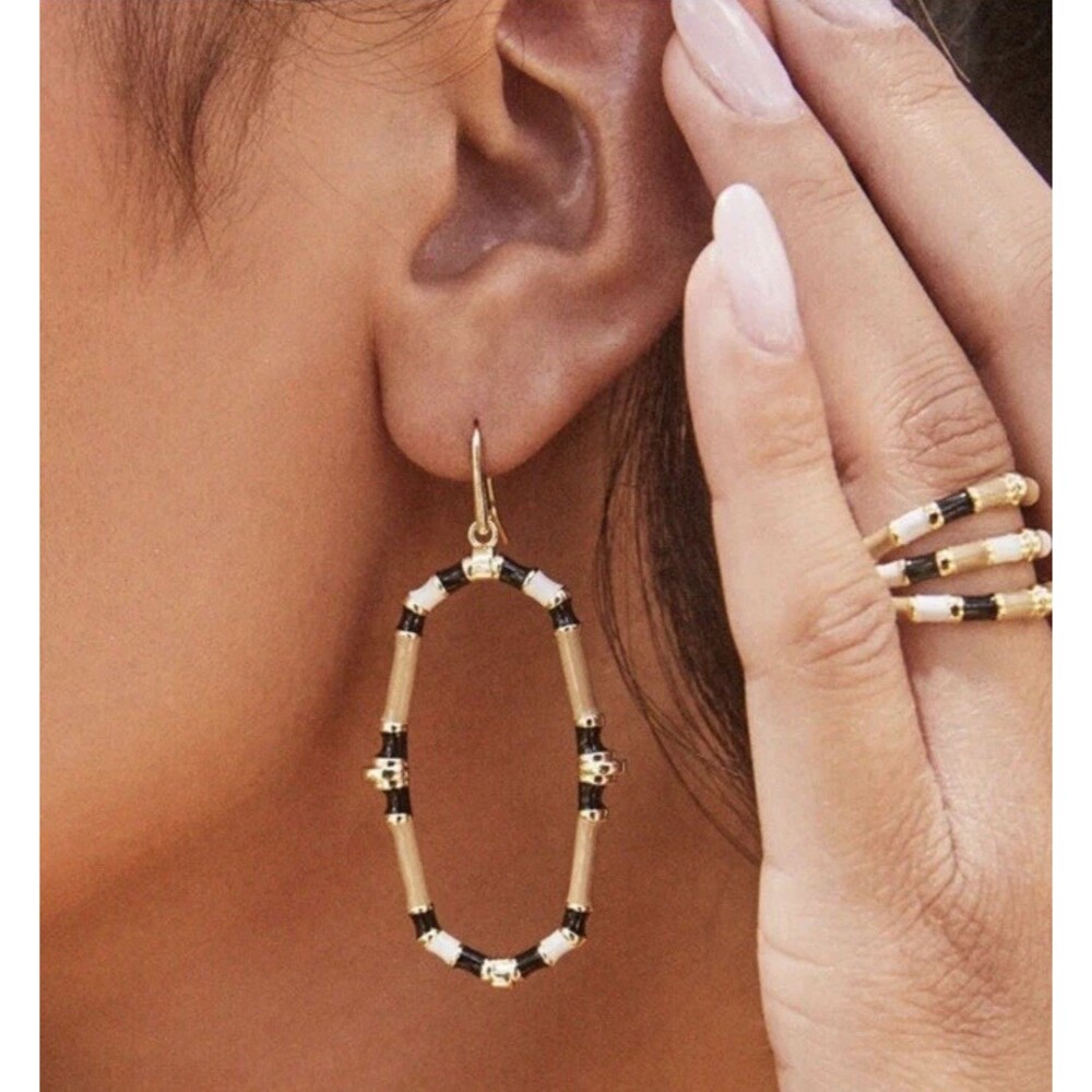 Kendra Scott Essie Open Frame Earrings Gold Tone Brown Black Neutral Bamboo